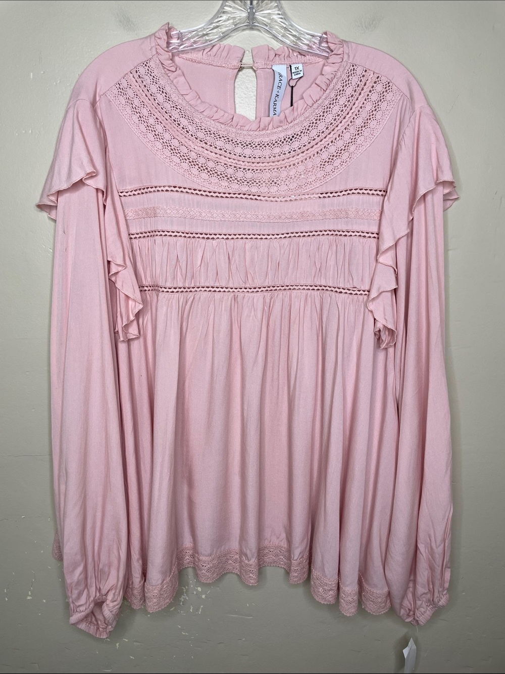 GRACE + KARMA Pink Crochet Lace Coquette BOHO Babydoll Peasant Blouse NWT 1X